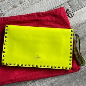 Valentino Neon Yellow Leather Rockstud Flap Wristlet Clutch